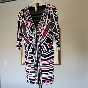 Nine West Geometric Print V-Neck Knit Sheath Dress in Black, White & Red